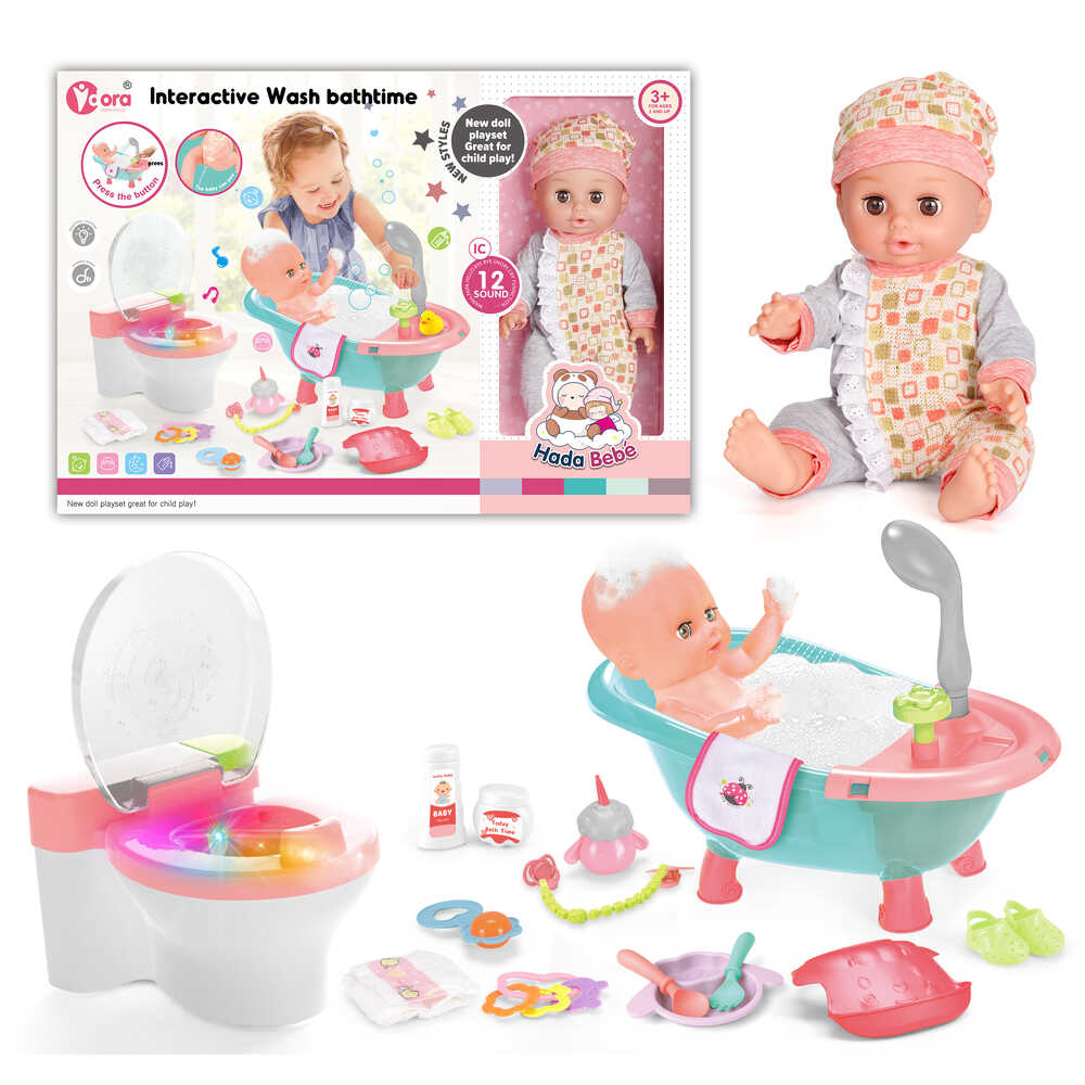 V Dora Dolls - Baby Doll Washing Set With Light And Sound 14 Inches - Multi Color Pajama With Square Design