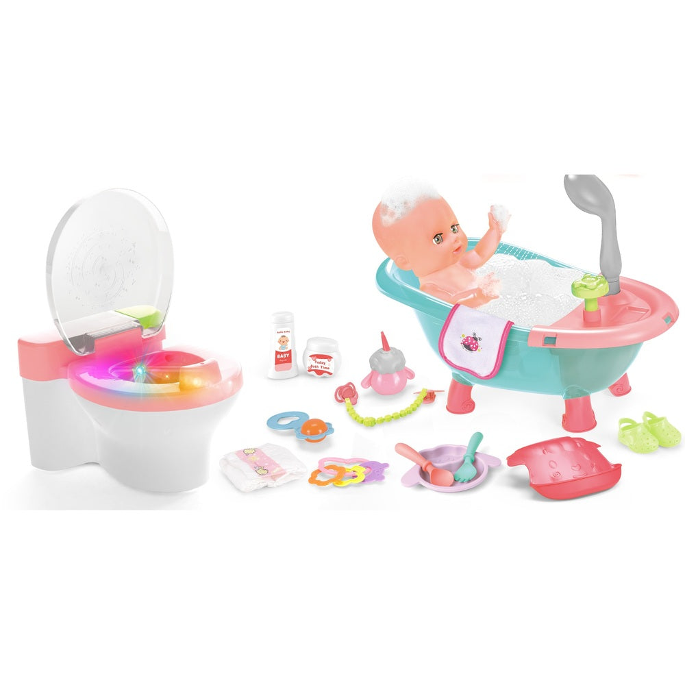 V Dora Dolls - Baby Doll Washing Set With Light And Sound 14 Inches - Multi Color Pajama With Square Design