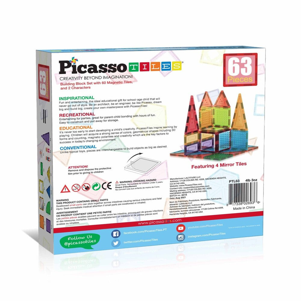 Picasso Tiles - Magnetic Bricks + Tiles - 63 Pcs