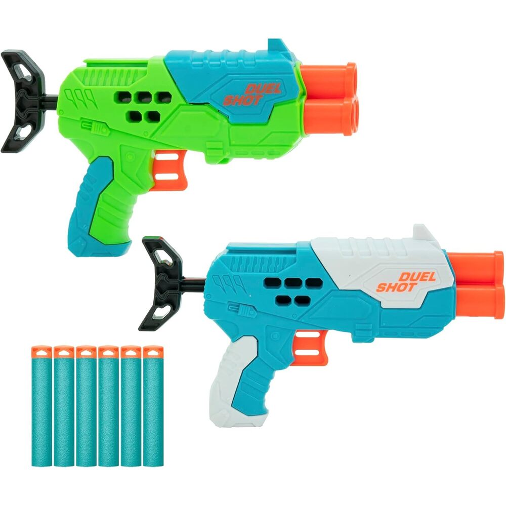 Buzz Bee Toys - Air Warriors Duel Shot Dark Blasters Gun - 6 Darts - Green And Blue