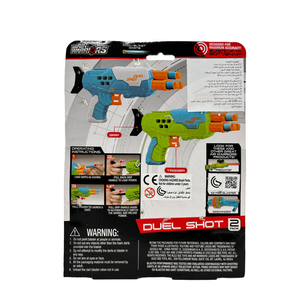 Buzz Bee Toys - Air Warriors Duel Shot Dark Blasters Gun - 6 Darts - Green And Blue