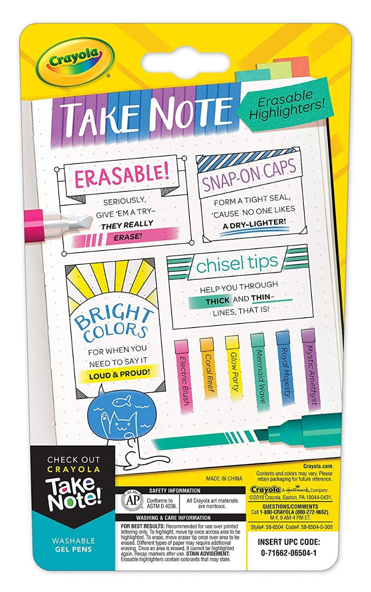 Crayola -Take Note Erasable Highlighters - 6 Ct