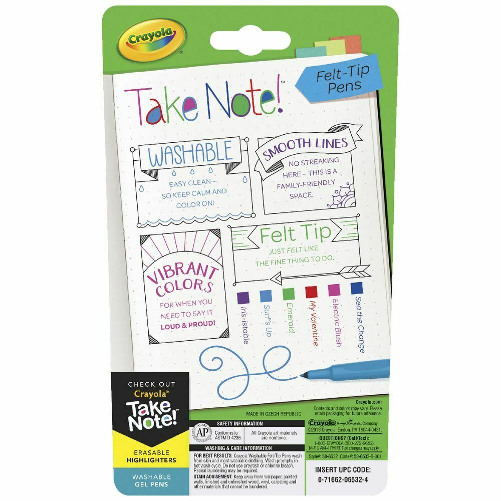 Crayola - Take Note! Ultra-Fine Washable Felt-Tip Marker Pen - 6 Ct